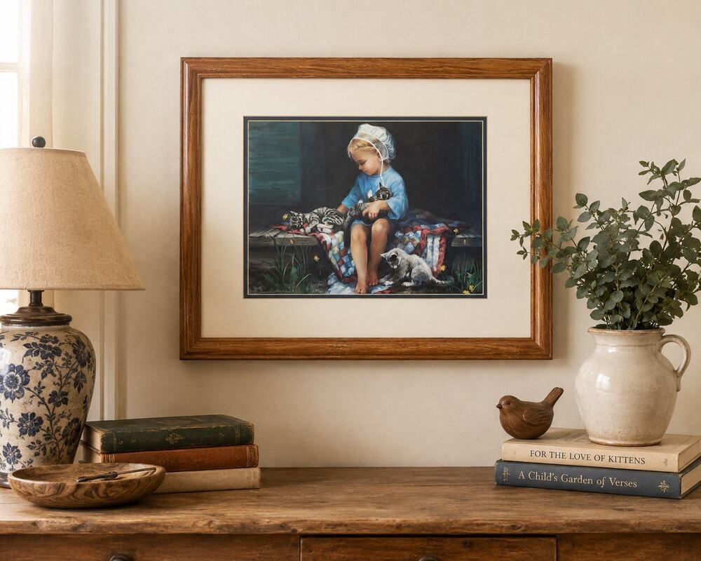 Laurie Snow Hein “Playmates” Framed Art Print Girl with Kittens Country Cottage